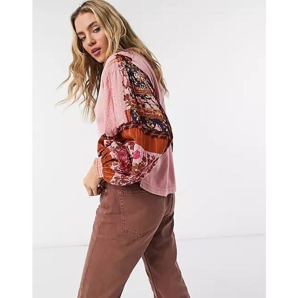 Free People Light Magic Henley Top Women's Blouse XS Pink Floral Peasant Boho - Picture 10 of 11